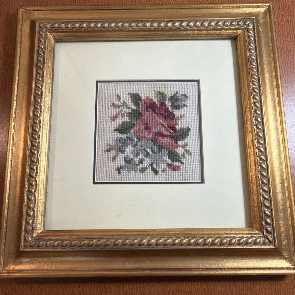 Vintage Floral Rose Needlepoint Framed 10.5" Square Matted Framed Handmade